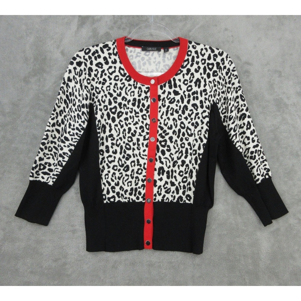 Carlisle Sweater Women Large Leopard Cardigan Silk Blend Button Fitted Black Red